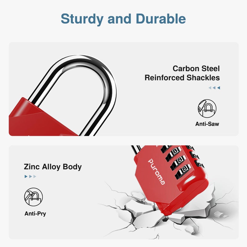 Puroma 2 Pack Combination Lock 4 Digit Outdoor Waterproof Padlock for School Gym Locker, Sports Locker, Fence, Toolbox, Gate, Case, Hasp Storage (Red) - Image 4